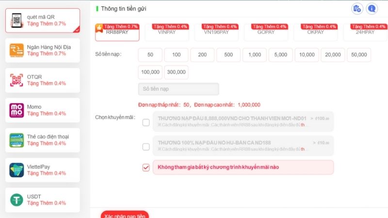 Nạp tiền RR88 có nhiều phương thức cho người dùng lựa chọn